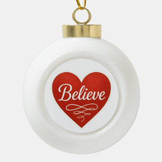Believe Heart Ceramic Ball Christmas Ornament
