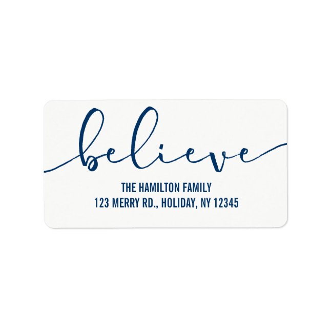 Believe HOLIDAY BLUE Hand Lettered Script Label (Front)