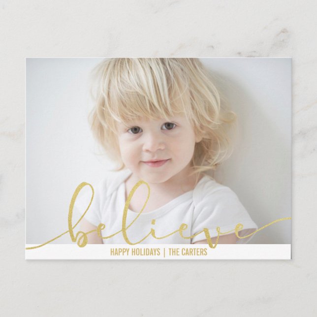 Believe HOLIDAY FAUX GOLD Hand Letter Script PHOTO Postcard (Front)