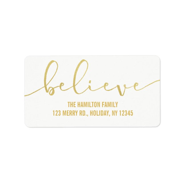 Believe HOLIDAY FAUX GOLD Hand Lettered Script Label (Front)