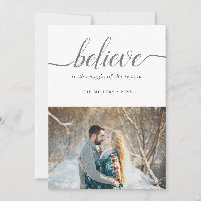 Believe Holiday Handwritten Font White Photo Card (Front)