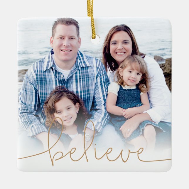 Believe Holiday Photo Keepsake Ceramic Tree Decoration (Front)