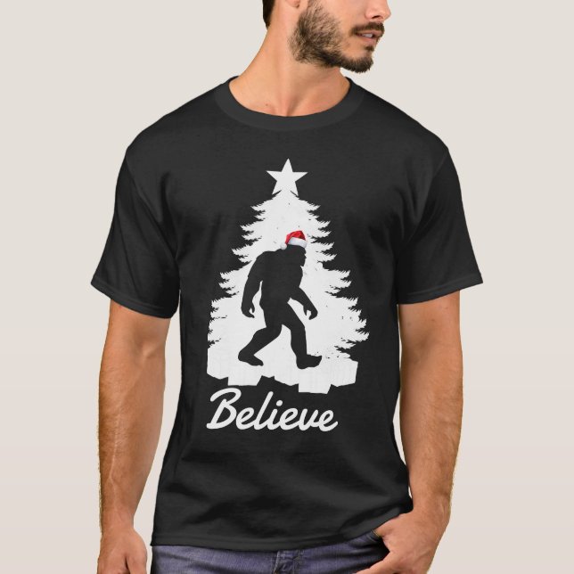 Believe In Bigfoot Christmas Sasquatch Santa Hat T-Shirt (Front)