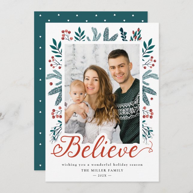 Believe in Christmas Holly and Pine Berries Photo Holiday Card (Front/Back)