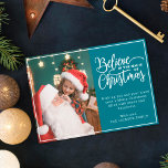 Believe in Christmas magic 2 family photos teal Holiday Card<br><div class="desc">Modern holiday greeting card featuring one of your favourite Christmas family portraits on the left complemented by the words "Believe in the magic of Christmas" on the right over a modern teal background, customisable with your own greeting message. You can upload one more picture on the reverse of the card....</div>