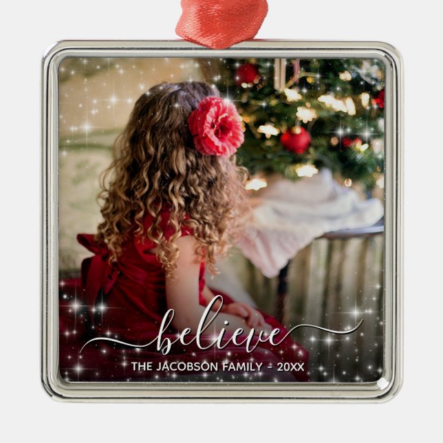 Believe in Christmas. Photo & White Stars Holiday Metal Ornament (Front)