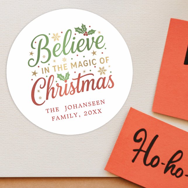 Believe in Christmas Simple Modern Red Typography Classic Round Sticker (Creator Uploaded)