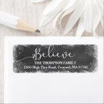 Believe in Christmas Snow Vintage Chalkboard Return Address Label<br><div class="desc">Show friends and family that you BELIEVE in Christmas with this beautiful return address label featuring the word "Believe" in a hand-lettered calligraphy font set against a vintage chalkboard printed background. Add your name and address to personalise.</div>