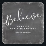 Believe in Christmas Snowflake Vintage Chalkboard Square Sticker<br><div class="desc">Show everyone that you Believe in the spirit of Christmas with this beautiful sticker.  The word "Believe" is surrounded by a rustic snowy border and set against a vintage faux chalkboard background.  Add your custom greeting and name.  Perfect for packages,  food items and more.</div>