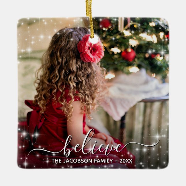 Believe in Christmas Sparkles Photo Overlay Pretty Ceramic Ornament (Front)