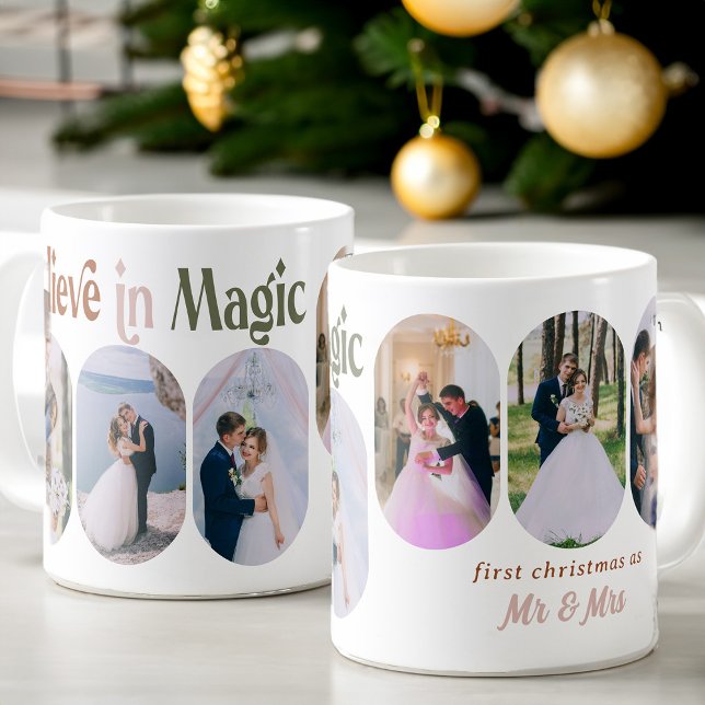 Believe in Magic 6 Rounded Lozenge Photo Newlywed Coffee Mug (Believe in Magic First Christmas Married from my Rounded Lozenge Photo Collage collection)