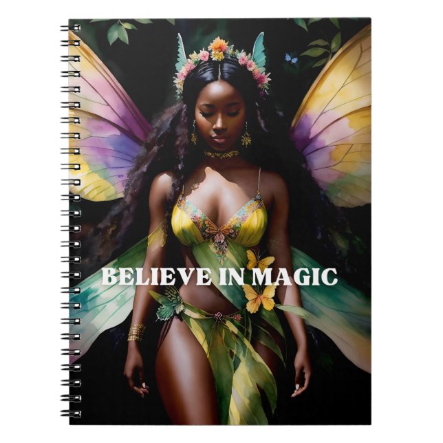 Believe in Magic Black Fairy Girl Watercolor Art Notebook (Front)