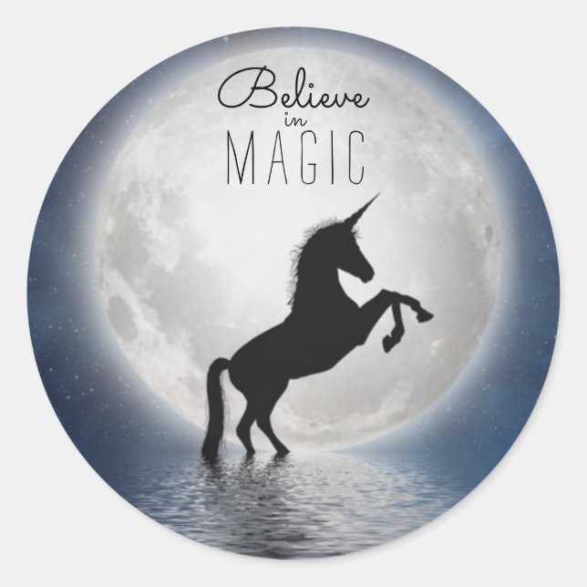 "Believe in Magic" Black Unicorn Moonlight Classic Round Sticker (Front)