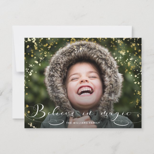 Believe in Magic Calligraphy & Gold Sparkles Holiday Card (Front)