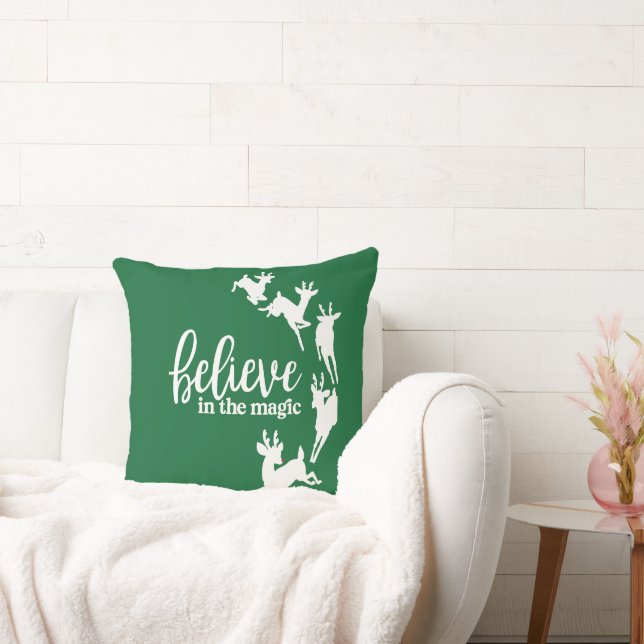 Believe in Magic Christmas Pillow, Reindeers Print Cushion (Couch)