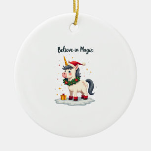 Believe in Magic Festive Unicorn wearing a Christm Ceramic Ornament