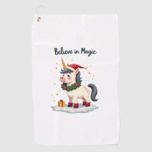 Believe in Magic Festive Unicorn wearing a Christm Golf Towel