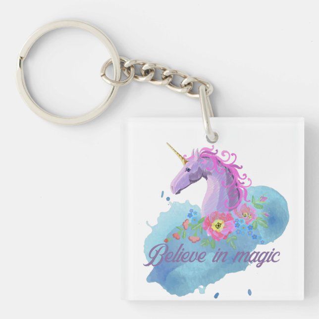 Believe in magic floral unicorn  key ring (Front)
