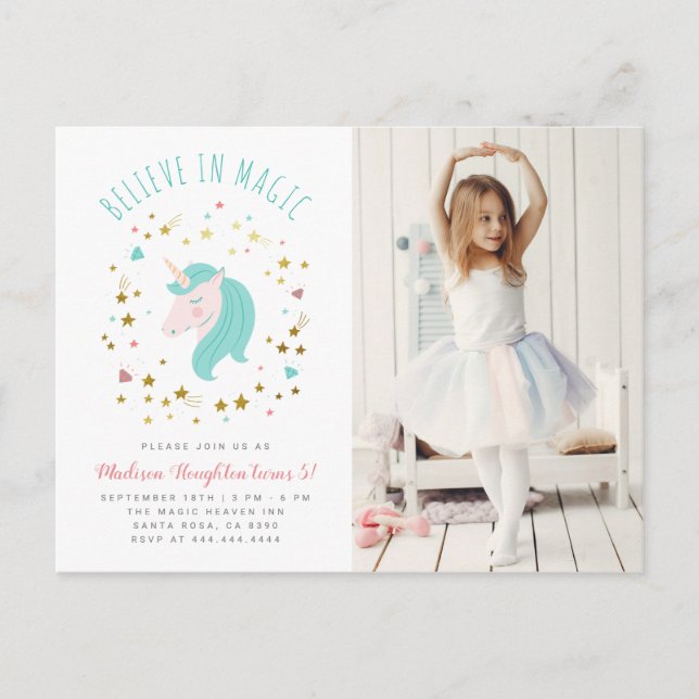 Believe in Magic Gold Stars Unicorn Photo Birthday Invitation Postcard (Front)