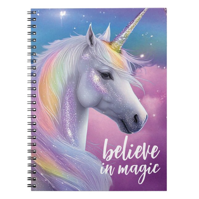 Believe in Magic Pastel Rainbow Glitter Unicorn Notebook (Front)