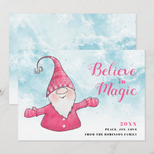 Believe in Magic Pink Gnome Snowy Blue Christmas Holiday Card