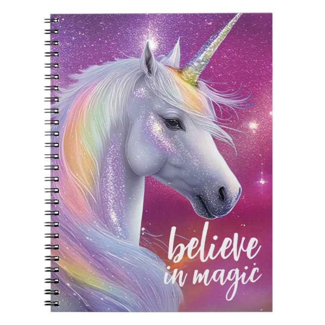 Believe in Magic Pretty Rainbow Glitter Unicorn Notebook (Front)
