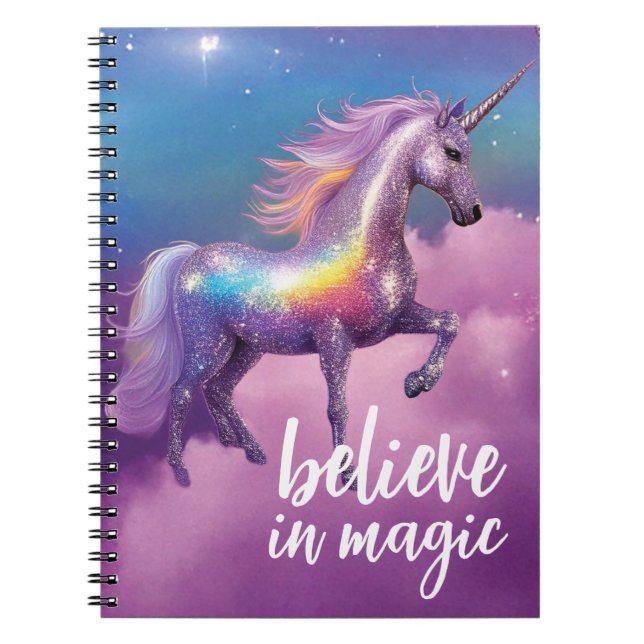 Believe in Magic Rainbow Glitter Unicorn Fantasy Notebook (Front)