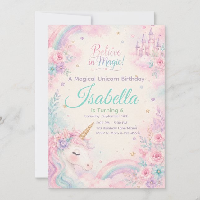 Believe In Magic Unicorn Invitation Editable (Front)