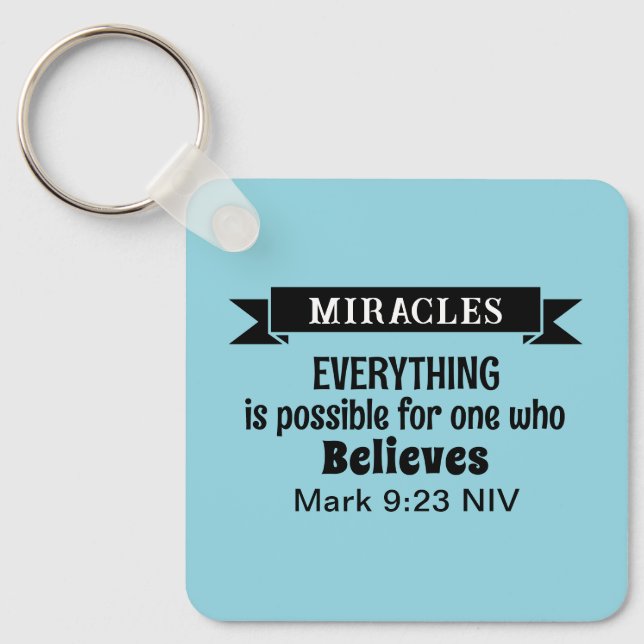 Believe in Miracles Bible Verse Light Blue Key Ring (Front)