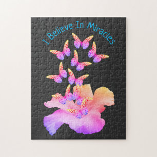 Believe In Miracles Hibiscus Flower Butterflies   Jigsaw Puzzle
