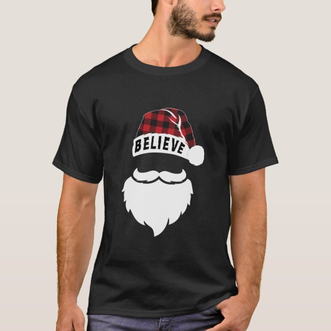 Believe In Santa Christmas Hat Buffalo Plaid White T-Shirt (Front)