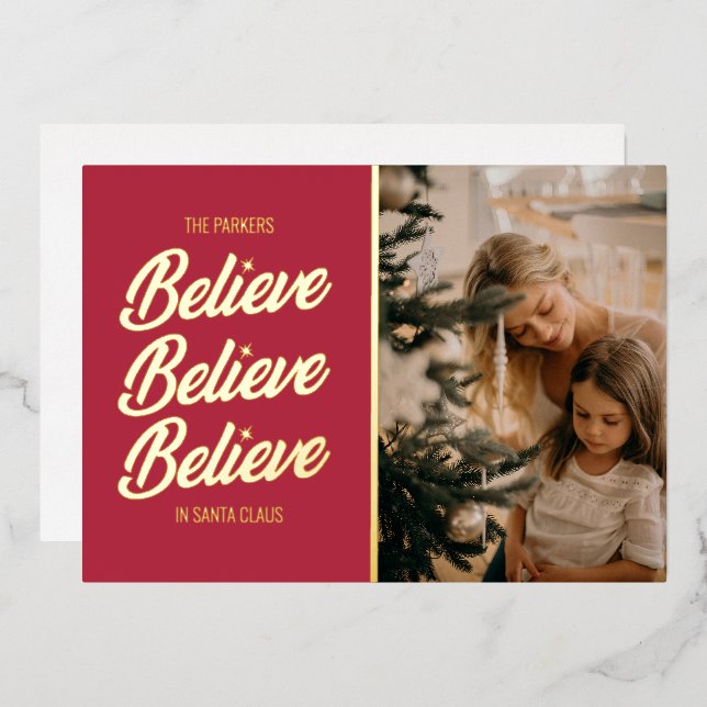 Believe In Santa Photo Foil Holiday Card (Front/Back)