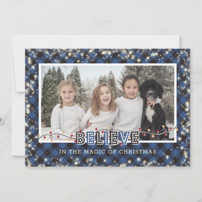 Believe In the Magic Blue Plaid Photo Holiday Card (Front)