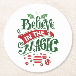 Believe in the Magic Christmas Typography Round Paper Coaster