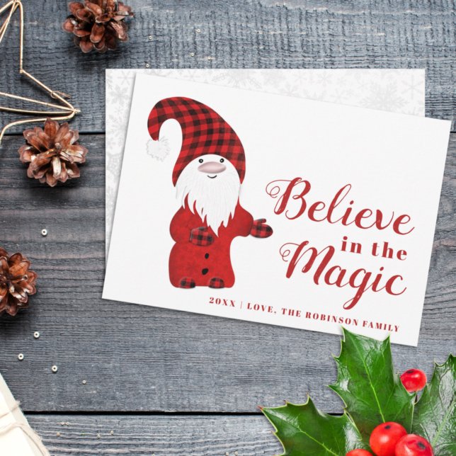 Believe in the Magic Custom Red White Gnome Xmas Holiday Card (Creator Uploaded)