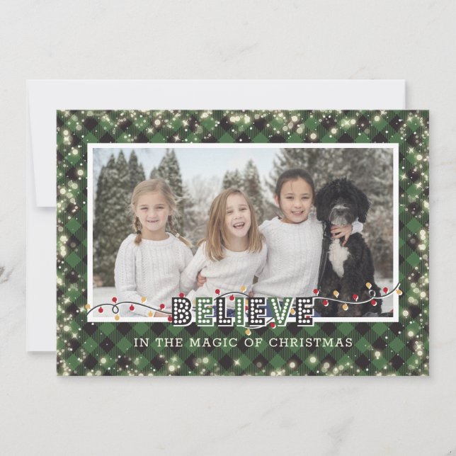 Believe In the Magic Green Plaid Photo Holiday Card (Front)