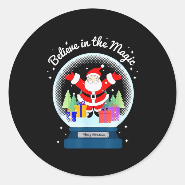 Believe In The Magic Merry Christmas Santa Snow Gl Classic Round Sticker (Front)