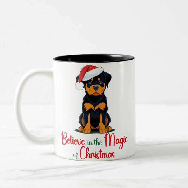Believe in the magic of Christmas Cute Dog Two-Tone Coffee Mug (Left)