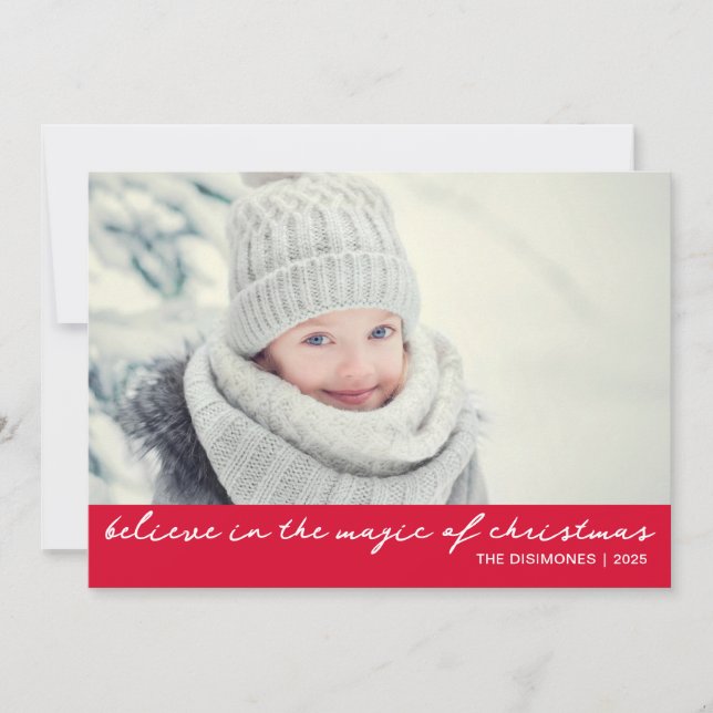 Believe In The Magic Of Christmas Photo Red Holiday Card (Front)