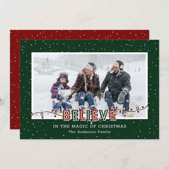 Believe In the Magic of Christmas Red Green Photo Holiday Card (Front/Back)