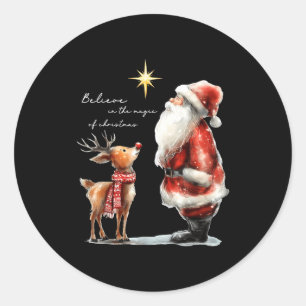 Believe In The Magic Of Christmas Reindeer Holiday Classic Round Sticker
