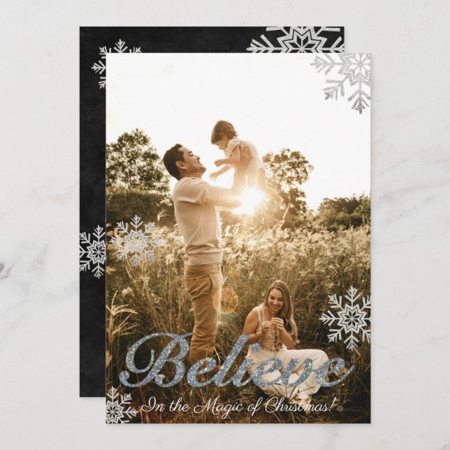 Believe in the Magic of Christmas Snowflakes Photo Holiday Card (Front/Back)