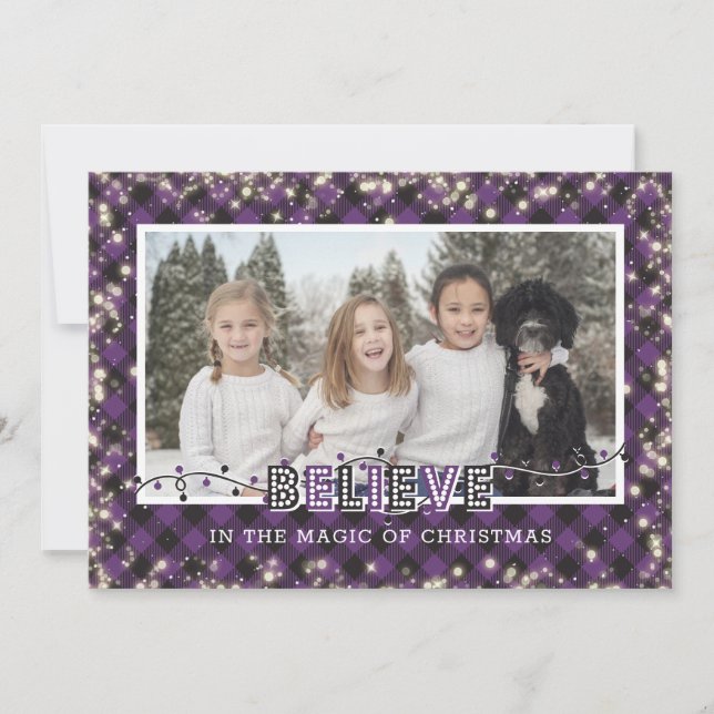 Believe In the Magic Purple Plaid Photo Holiday Card (Front)