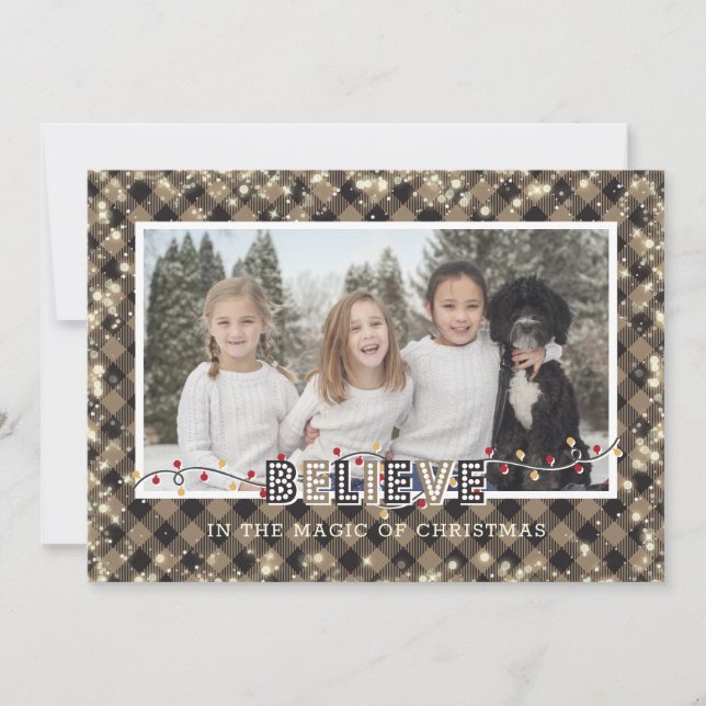Believe In the Magic Rustic Plaid Photo Holiday Card (Front)