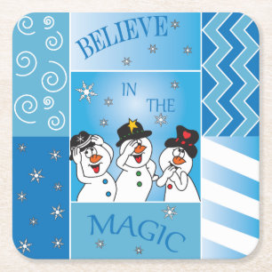 Believe In The Magic Snowmen Square Paper Coaster