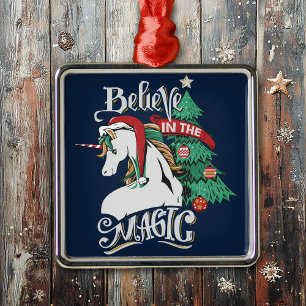 Believe in the Magic Unicorn Christmas Metal Ornament