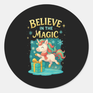 Believe In The Magic Unicorn Kids Christmas Design Classic Round Sticker