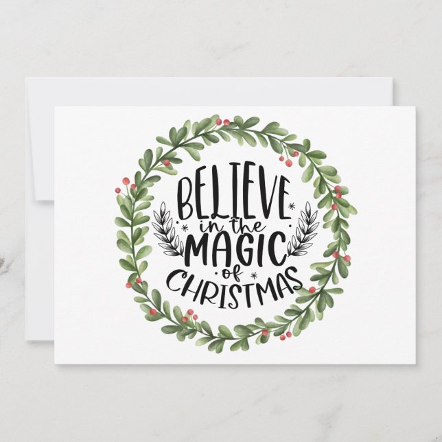 Believe in the Magic Watercolor Wreath Holiday Card (Front)