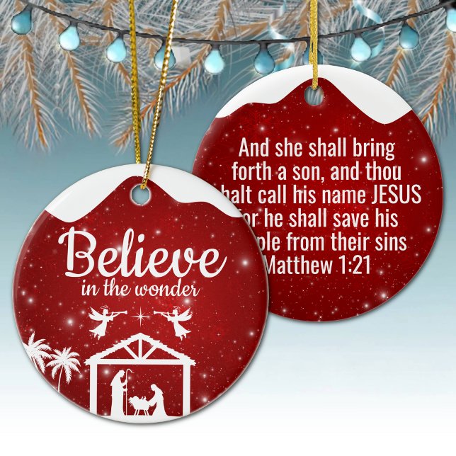 Believe in the wonder Manger Divine Passage ⛪️ 🎄 Ceramic Ornament (Custom Believe in the wonder Religious Holiday Ceramic Ornament Berry Red sparkle Nativity Scene ✞)
