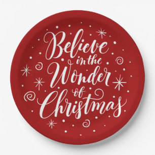 Believe in the Wonder of Christmas Lettering Red   Paper Plate